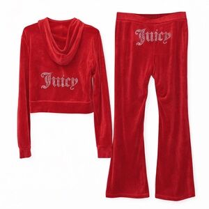 Juicy Couture Velour Coco Red Y2K Tracksuit Set Hoddie Pants Womens XL Bling New